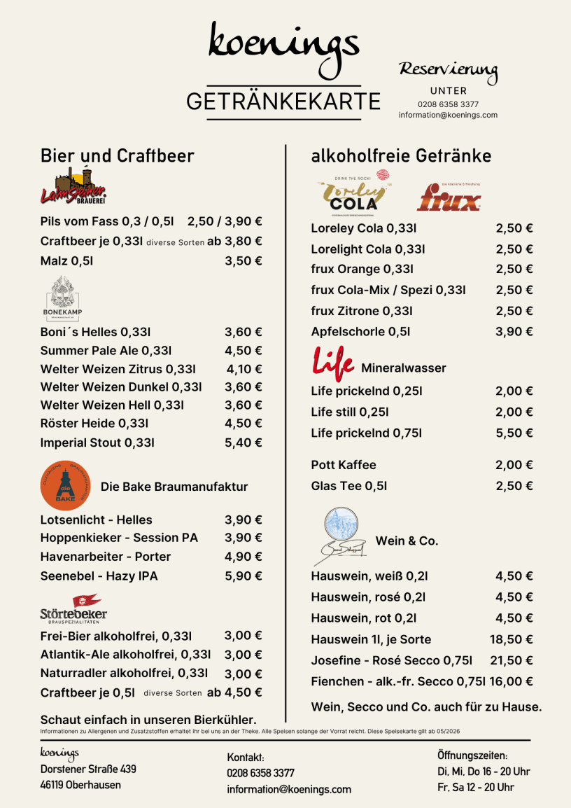 Bier, Craftbeer, Limo und Hauswein